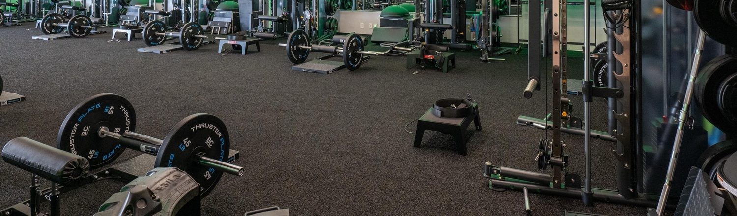 Commercial rubber gym flooring across a training floor with bumper plates
