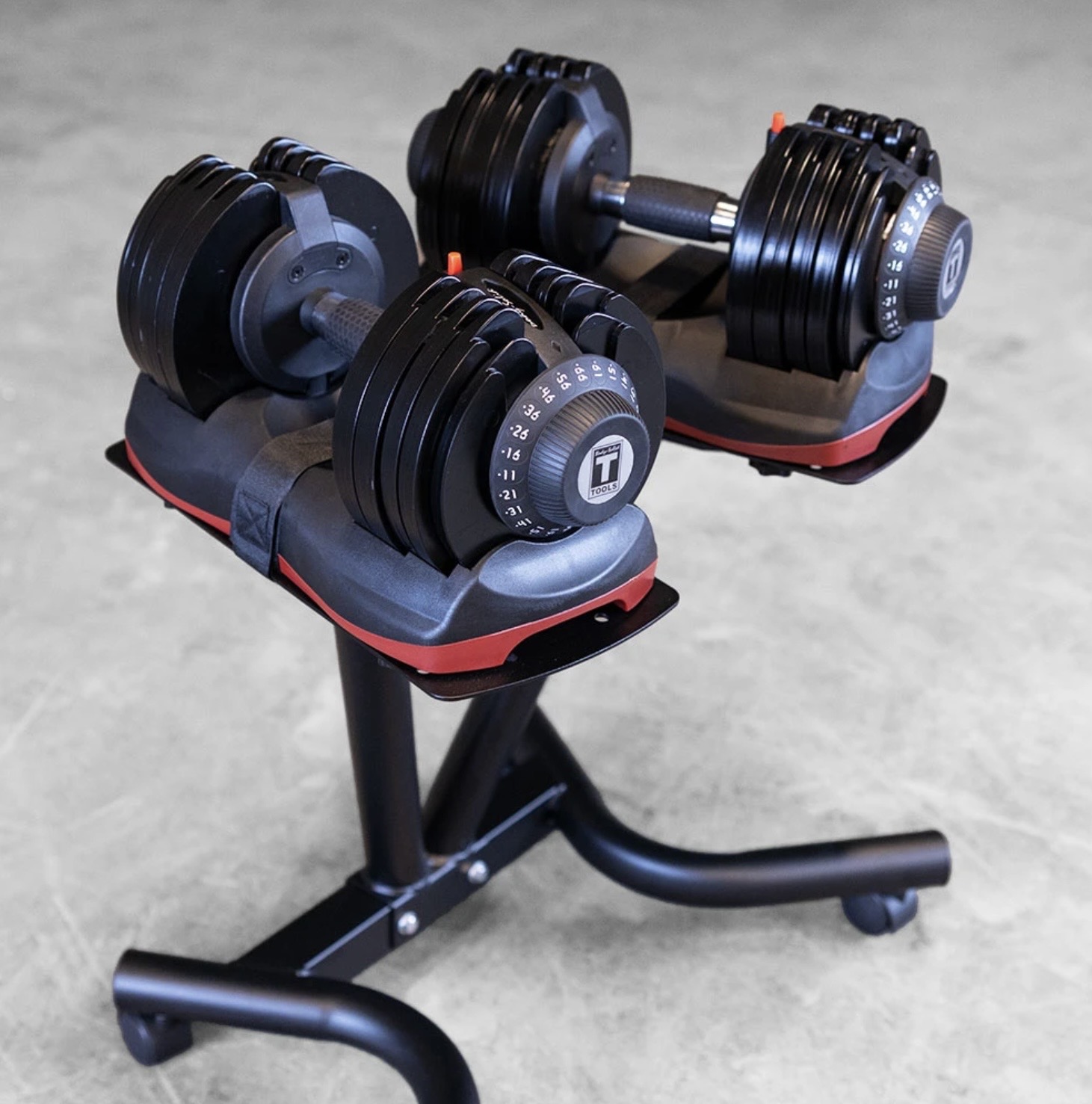 Adjustable dumbbells on a storage stand