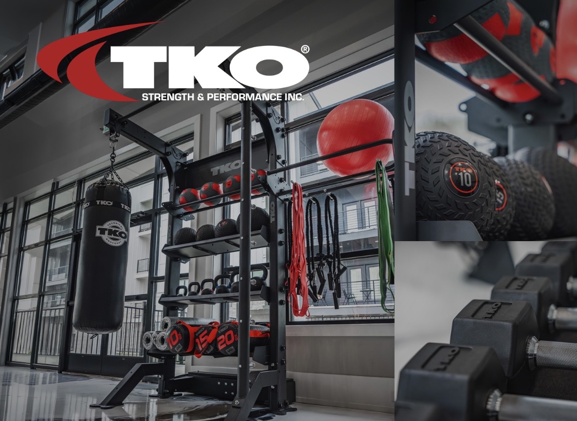 Functional training station with rack, heavy bag, medicine balls and dumbbells