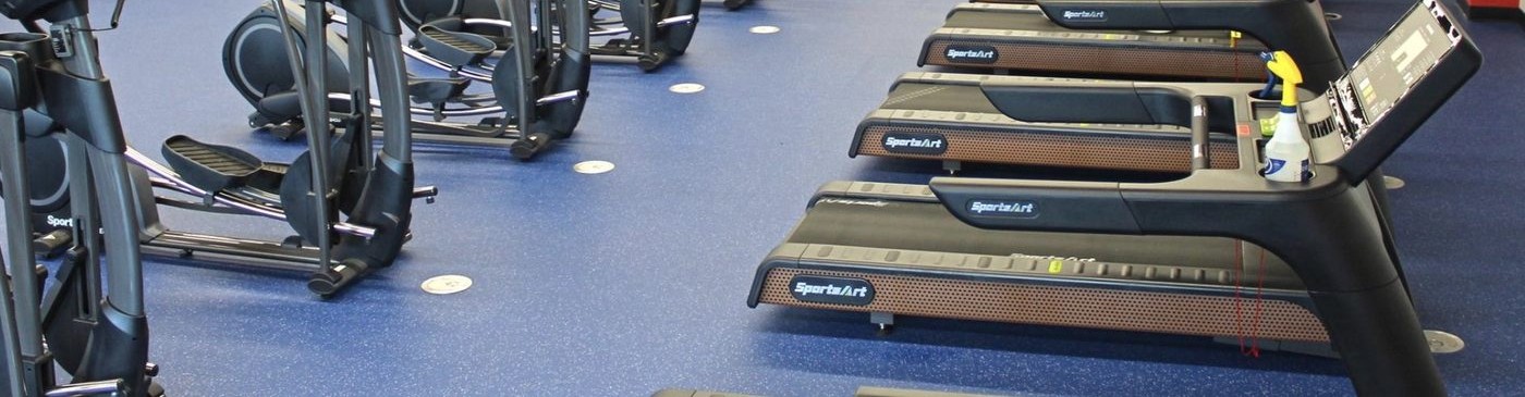 Blue rubber flooring under a row of cardio equipment